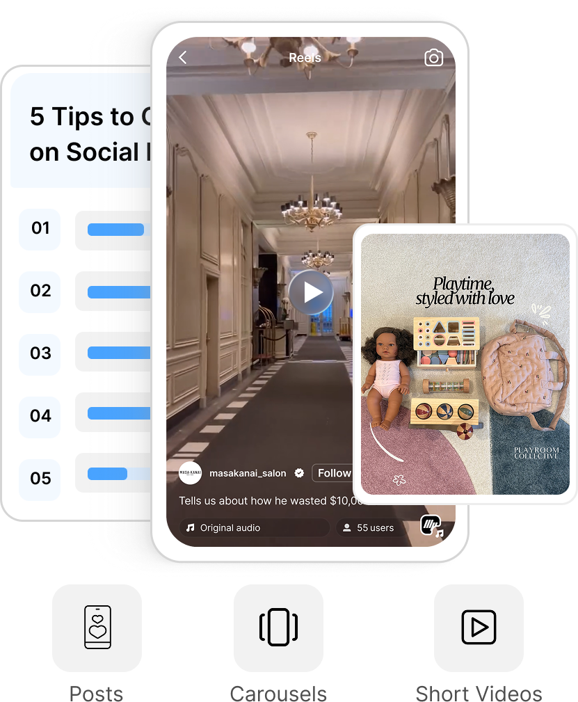 Content preview: posts, carousels and short videos